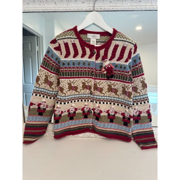 Vintage Susan Bristol Petite Christmas Santa Reindeer Sweater Cardigan Small - Picture 1 of 6
